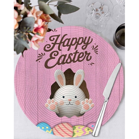 15 Inch Round Placemats Set of 4, Pink Easter Non Slip Heat Insulation PP Table Mats, Easter Bunny Eggs Spring Cartoon Farmhouse Wood Grain Washable Place Mats for Kitchen Dining Party Table Decor