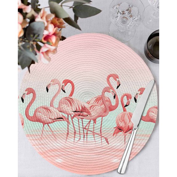 15 Inch Round Placemats Set of 4, Pink Flamingo Non Slip Heat Insulation PP Table Mats, Valentine's Day Birds Lake Animals Washable Place Mats for Kitchen Dining Party Table Decor