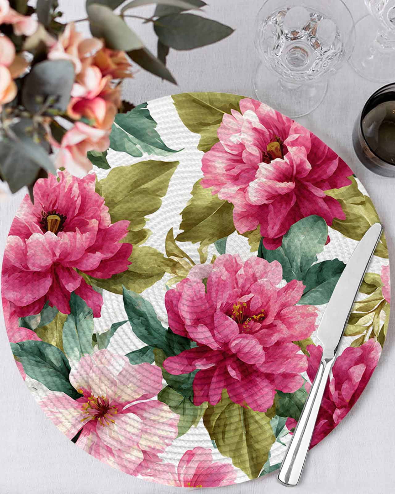 15 Inch Round Placemats Set of 4, Pink Floral Non Slip Heat Insulation ...