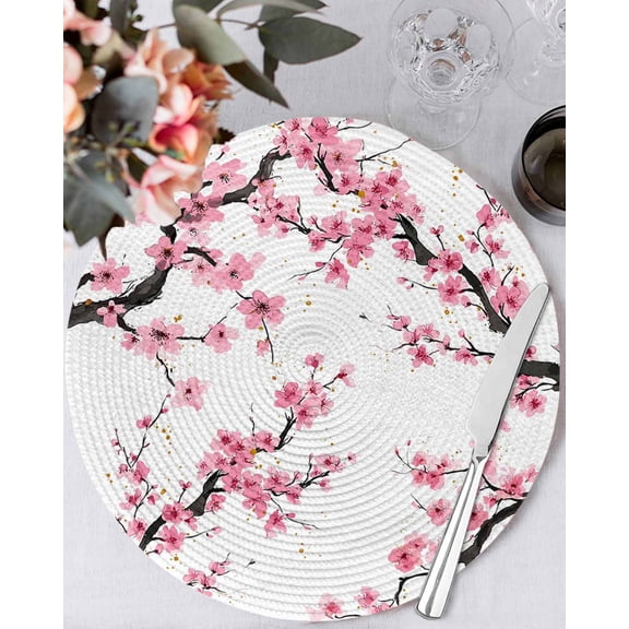 15 Inch Round Placemats Set of 4, Pink Flowers Non Slip Heat Insulation PP Table Mats, Pink Blossoms Botanical Floral Branches Washable Place Mats for Kitchen Dining Party Table Decor