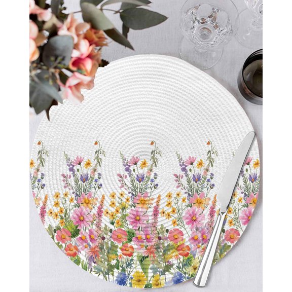 15 Inch Round Placemats Set of 4, Pink Flowers Non Slip Heat Insulation PP Table Mats, Spring Floral Daisy Farmhouse Pastoral Botanical Washable Place Mats for Kitchen Dining Party Table Decor