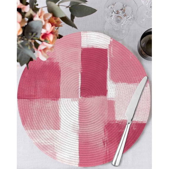 15 Inch Round Placemats Set of 4, Pink Geometric Non Slip Heat Insulation PP Table Mats, Watercolor Ombre Modern Abstract Art Washable Place Mats for Kitchen Dining Party Table Decor