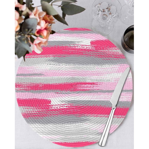 15 Inch Round Placemats Set of 4, Pink Gray Stripes Non Slip Heat Insulation PP Table Mats, Watercolor Modern Abstract Minimalist Washable Place Mats for Kitchen Dining Party Table Decor