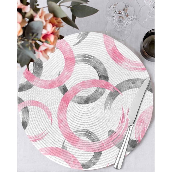 15 Inch Round Placemats Set of 4, Pink Grey Non Slip Heat Insulation PP Table Mats, Geometric Circle Modern Abstract Simple Art Washable Place Mats for Kitchen Dining Party Table Decor