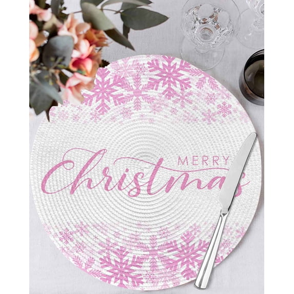15 Inch Round Placemats Set of 4, Pink Merry Christmas Non Slip Heat Insulation PP Table Mats, Winter Snowflake Xmas Aesthetic Washable Place Mats for Kitchen Dining Party Table Decor
