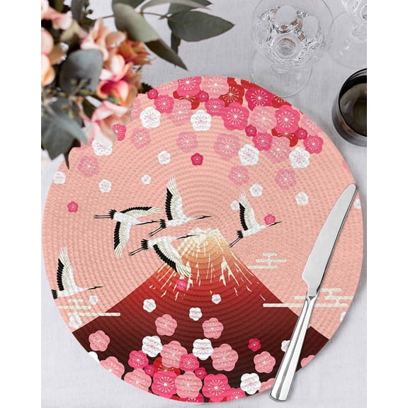 15 Inch Round Placemats Set of 4, Pink Mountains Non Slip Heat Insulation PP Table Mats, Modern Aesthetic Cherry Blossoms Cranes Washable Place Mats for Kitchen Dining Party Table Decor