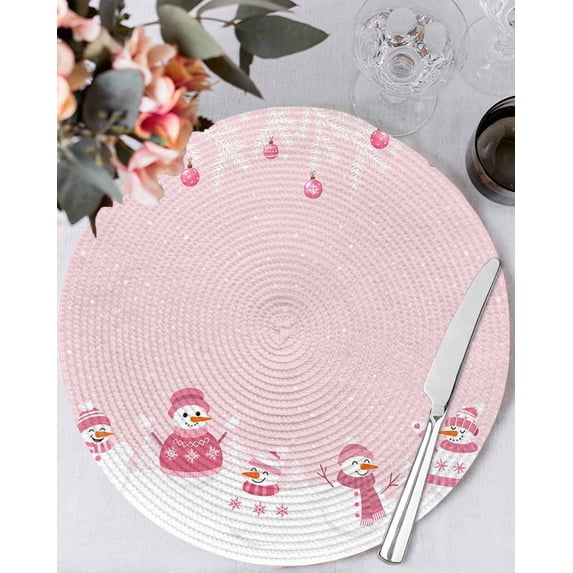 15 Inch Round Placemats Set of 4, Pink Snowman Christmas Non Slip Heat Insulation PP Table Mats, Winter Snowflake Pine Xmas Tree Washable Place Mats for Kitchen Dining Party Table Decor