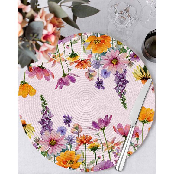 15 Inch Round Placemats Set of 4, Pink Spring Floral Non Slip Heat Insulation PP Table Mats, Elegant Pastoral Flowers Daisy Washable Place Mats for Kitchen Dining Party Table Decor