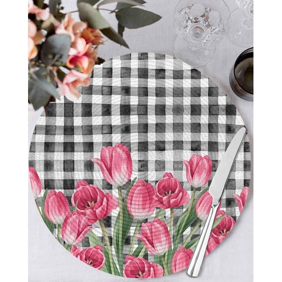 15 Inch Round Placemats Set of 4, Pink Tulip Flowers Non Slip Heat ...