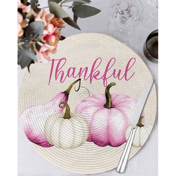 15 Inch Round Placemats Set of 4, Pink White Pumpkin Non Slip Heat Insulation PP Table Mats, Fall Thanksgiving Retro Light Beige Washable Place Mats for Kitchen Dining Party Table Decor