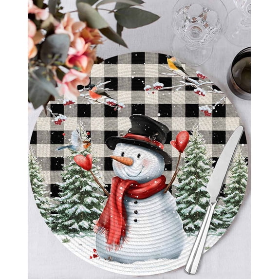 15 Inch Round Placemats Set of 4, Plaid Snowman Christmas Non Slip Heat Insulation PP Table Mats, Xmas Tree Snowflake Birds Branches Washable Place Mats for Kitchen Dining Party Table Decor
