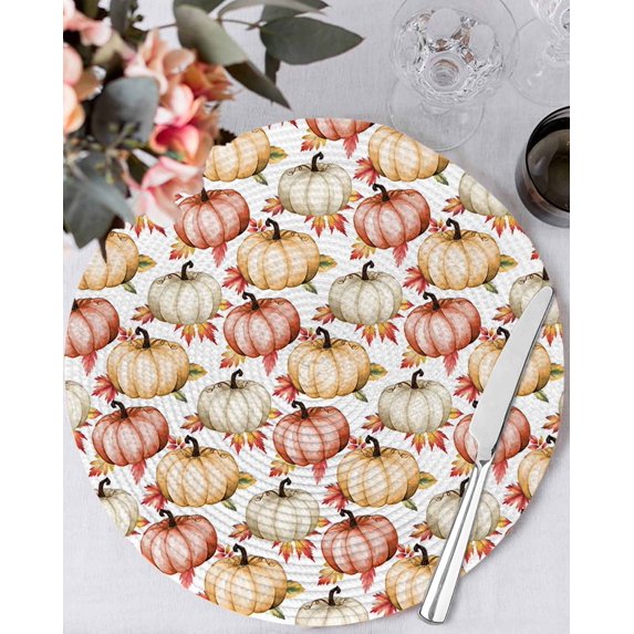 15 Inch Round Placemats Set of 4, Pumpkin Non Slip Heat Insulation PP Table Mats, Fall Thanksgiving Eucalyptus Retro Watercolor Washable Place Mats for Kitchen Dining Party Table Decor