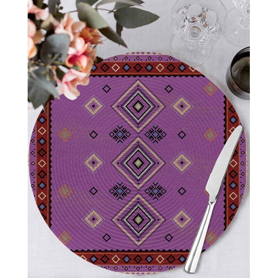 15 Inch Round Placemats Set of 4, Purple Boho Non Slip Heat Insulation PP Table Mats, Country Abstract Geometric Ethnic Aesthetic Washable Place Mats for Kitchen Dining Party Table Decor