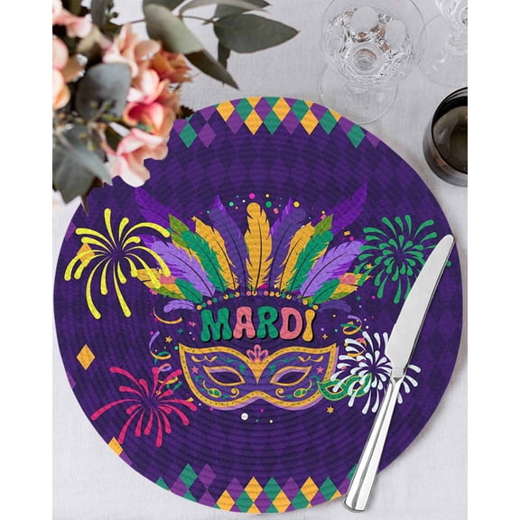15 Inch Round Placemats Set of 4, Purple Carnival Non Slip Heat Insulation PP Table Mats, Modern Geometric Feathers Ethnic Washable Place Mats for Kitchen Dining Party Table Decor