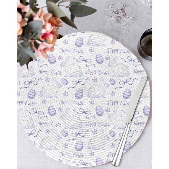 15 Inch Round Placemats Set of 4, Purple Easter Non Slip Heat Insulation PP Table Mats, Watercolor Spring Bunny Eggs Flower Washable Place Mats for Kitchen Dining Party Table Decor