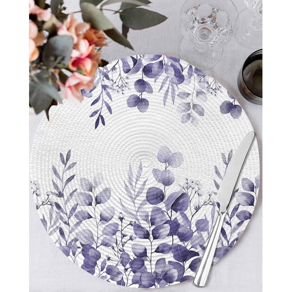 15 Inch Round Placemats Set of 4, Purple Eucalyptus Leaves Non Slip Heat Insulation PP Table Mats, Watercolor Spring Summer Botanical Washable Place Mats for Kitchen Dining Party Table Decor