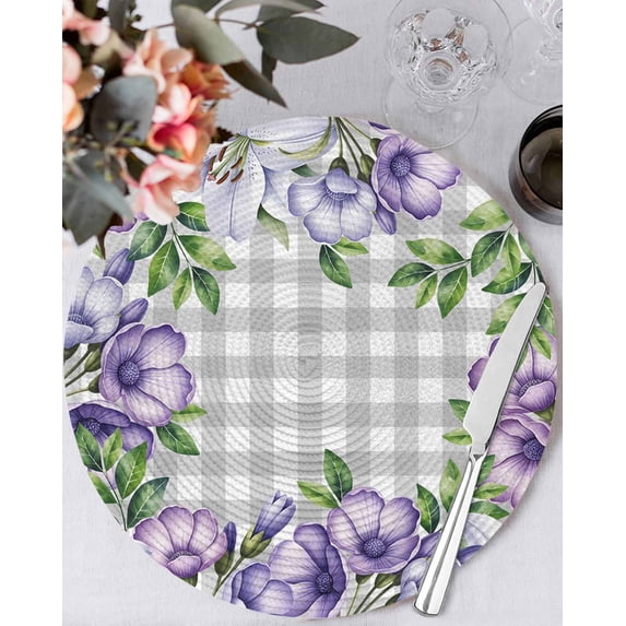 15 Inch Round Placemats Set of 4, Purple Flowers Non Slip Heat Insulation PP Table Mats, Spring Floral Leaves Plants Gray Plaid Washable Place Mats for Kitchen Dining Party Table Decor