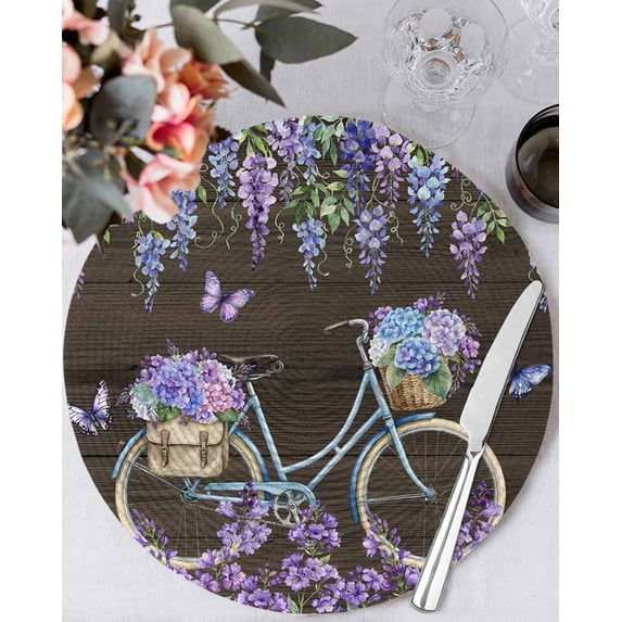 15 Inch Round Placemats Set of 4, Purple Flowers Non Slip Heat Insulation PP Table Mats, Weeping Spring Floral Bicycle Wooden Farmhouse Washable Place Mats for Kitchen Dining Party Table Decor