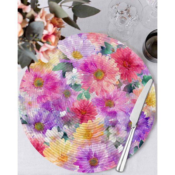 15 Inch Round Placemats Set of 4, Purple Pink Floral Non Slip Heat Insulation PP Table Mats, Spring Pastoral Daisy Washable Place Mats for Kitchen Dining Party Table Decor