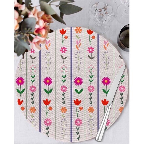 15 Inch Round Placemats Set of 4, Purple Pink Spring Floral Non Slip Heat Insulation PP Table Mats, Colorful Summer Flowers Botanical Washable Place Mats for Kitchen Dining Party Table Decor