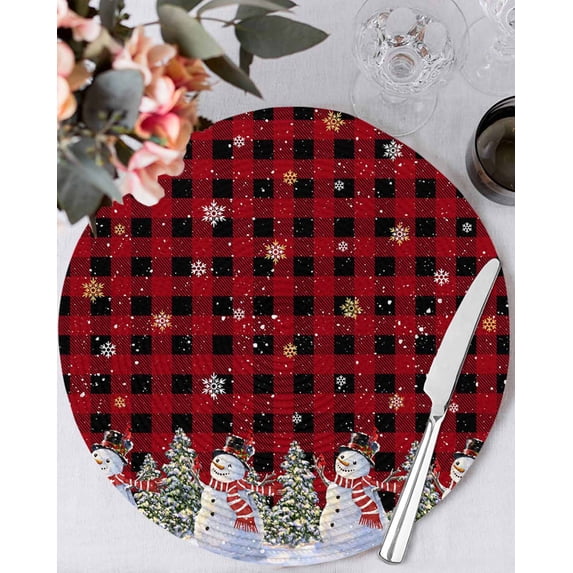 15 Inch Round Placemats Set of 4, Red Black PlaidChristmas Snowman Non Slip Heat Insulation PP Table Mats, Winter Xmas Tree Snowflakes Washable Place Mats for Kitchen Dining Party Table Decor