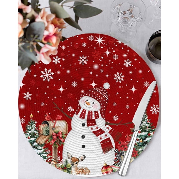 15 Inch Round Placemats Set of 4, Red Christmas Non Slip Heat Insulation PP Table Mats, Snowman Gifts Xmas Tree Snowflake Winter Washable Place Mats for Kitchen Dining Party Table Decor