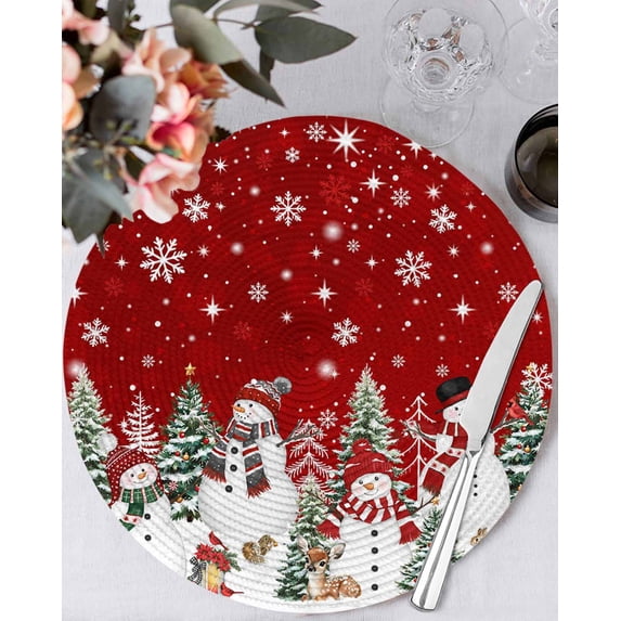 15 Inch Round Placemats Set of 4, Red Christmas Non Slip Heat Insulation PP Table Mats, Snowman Snowflake Xmas Tree Winter Washable Place Mats for Kitchen Dining Party Table Decor