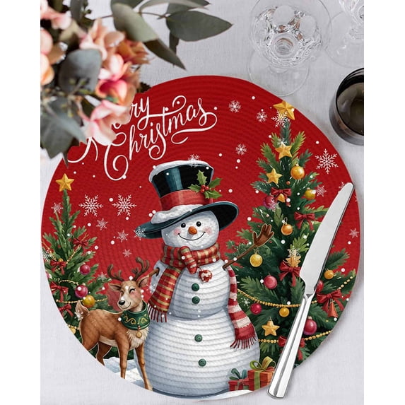 15 Inch Round Placemats Set of 4, Red Christmas Non Slip Heat Insulation PP Table Mats, Snowman Xmas Tree Snowflake Gifts Elk Washable Place Mats for Kitchen Dining Party Table Decor