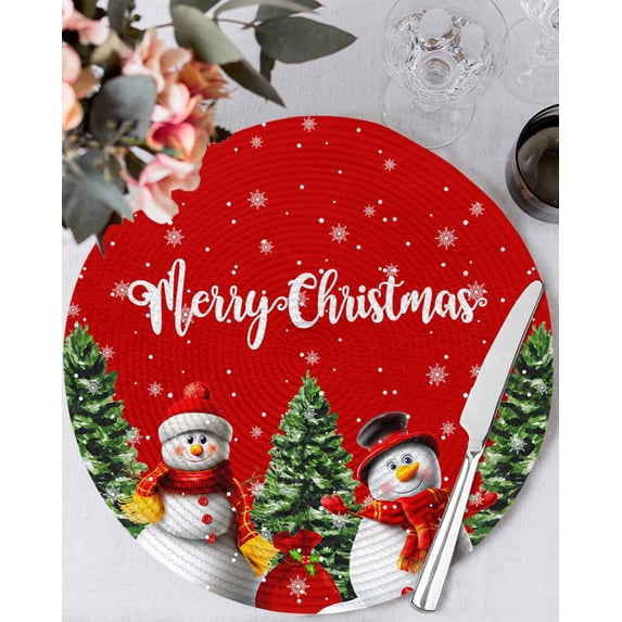 15 Inch Round Placemats Set of 4, Red Christmas Snowman Non Slip Heat Insulation PP Table Mats, Winter Snowflake Green Xmas Tree Washable Place Mats for Kitchen Dining Party Table Decor
