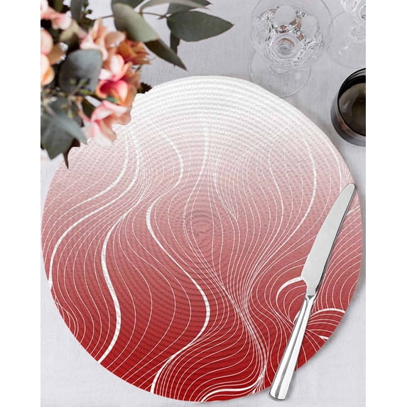 15 Inch Round Placemats Set of 4, Red Geometric Non Slip Heat Insulation PP Table Mats, Modern White Stripe Abstract Distortion Art Washable Place Mats for Kitchen Dining Party Table Decor
