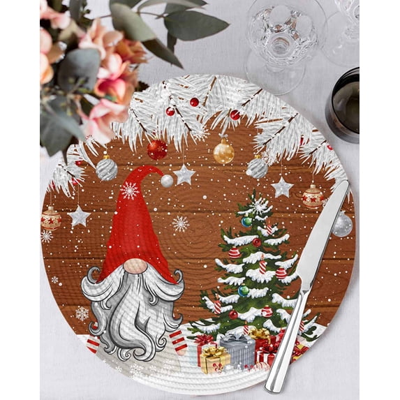 15 Inch Round Placemats Set of 4, Red Gnomes Christmas Non Slip Heat Insulation PP Table Mats, Snowflake Xmas Tree Gifts Winter Wooden Washable Place Mats for Kitchen Dining Party Table Decor