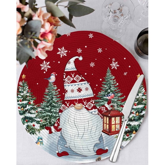 15 Inch Round Placemats Set of 4, Red Gnomes Christmas Non Slip Heat Insulation PP Table Mats, Xmas Tree Snowflake Winter Holiday Washable Place Mats for Kitchen Dining Party Table Decor