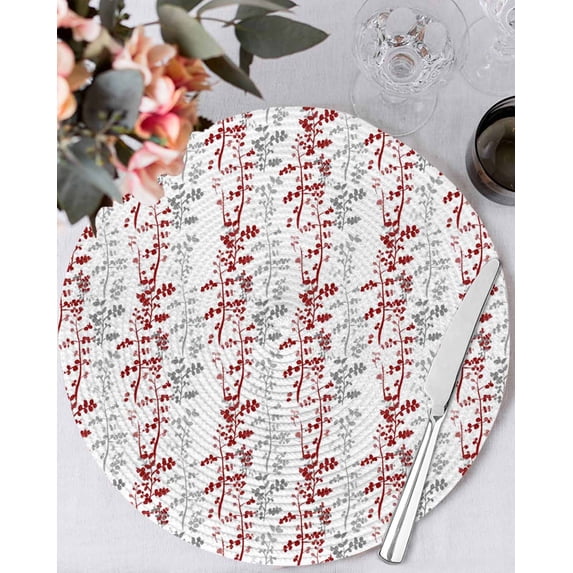 15 Inch Round Placemats Set of 4, Red Grey Botanical Non Slip Heat Insulation PP Table Mats, Spring Floral Summer Farmhouse Washable Place Mats for Kitchen Dining Party Table Decor