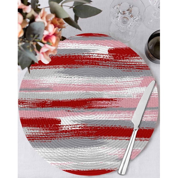 15 Inch Round Placemats Set of 4, Red Pink Gray Stripes Non Slip Heat Insulation PP Table Mats, Modern Abstract Minimalist Retro Washable Place Mats for Kitchen Dining Party Table Decor