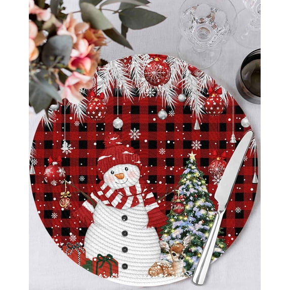 15 Inch Round Placemats Set of 4, Red Plaid Christmas Non Slip Heat Insulation PP Table Mats, Snowman Xmas Balls Pine Needle Tree Washable Place Mats for Kitchen Dining Party Table Decor