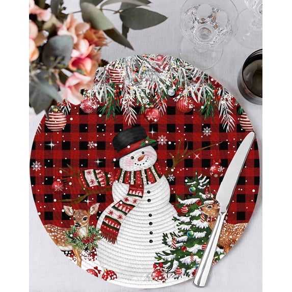 15 Inch Round Placemats Set of 4, Red Plaid Christmas Non Slip Heat Insulation PP Table Mats, Snowman Xmas Tree Ball Elk Snowflake Washable Place Mats for Kitchen Dining Party Table Decor