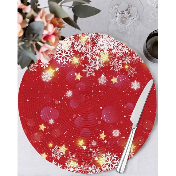 15 Inch Round Placemats Set of 4, Red Snowflake Christmas Non Slip Heat Insulation PP Table Mats, Xmas Snowflake Winter Modern Art Washable Place Mats for Kitchen Dining Party Table Decor