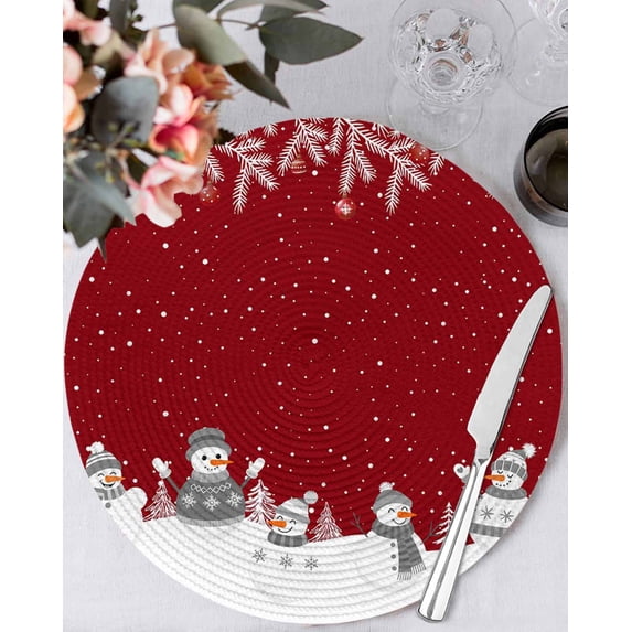 15 Inch Round Placemats Set of 4, Red Snowman Christmas Non Slip Heat Insulation PP Table Mats, Winter Snowflake Pine Xmas Tree Washable Place Mats for Kitchen Dining Party Table Decor