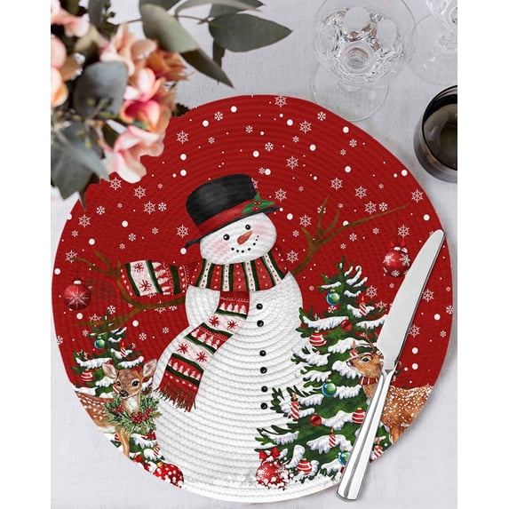 15 Inch Round Placemats Set of 4, Red Snowman Christmas Non Slip Heat Insulation PP Table Mats, Xmas Tree Ball Snowflake Elk Washable Place Mats for Kitchen Dining Party Table Decor