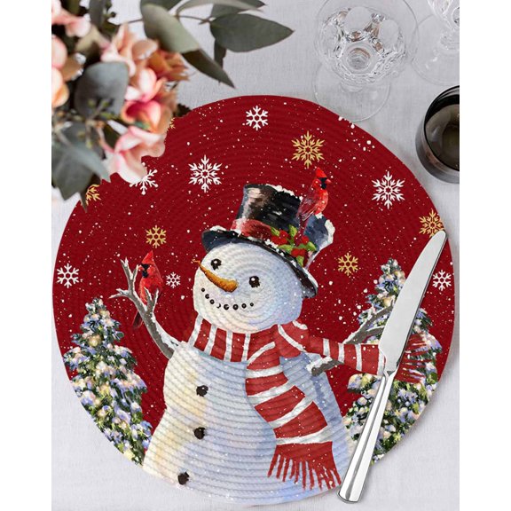 15 Inch Round Placemats Set of 4, Red Snowman Non Slip Heat Insulation PP Table Mats, Christmas Tree Snowflake Winter Holiday Washable Place Mats for Kitchen Dining Party Table Decor