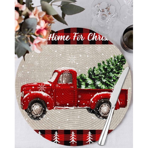 15 Inch Round Placemats Set of 4, Red Truck Christmas Non Slip Heat Insulation PP Table Mats, Red Black Plaid Xmas Tree Rustic Washable Place Mats for Kitchen Dining Party Table Decor