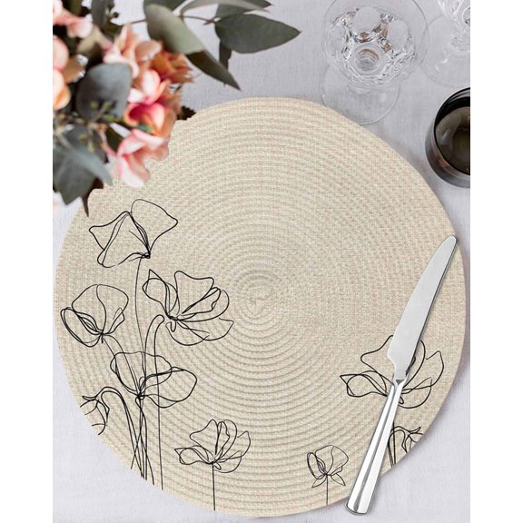 15 Inch Round Placemats Set of 4, Retro Beige Flowers Non Slip Heat Insulation PP Table Mats, Rustic Abstract Floral Simple Art Washable Place Mats for Kitchen Dining Party Table Decor