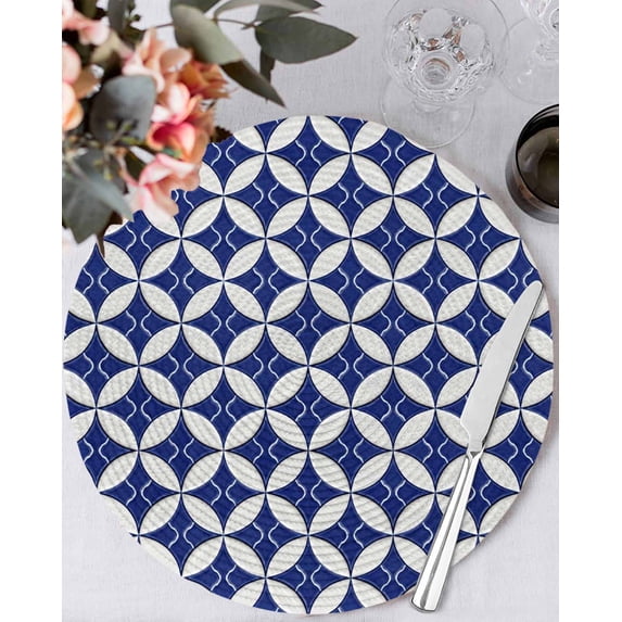 15 Inch Round Placemats Set of 4, Retro Rhombus Non Slip Heat Insulation PP Table Mats, Morocco Abstract Geometric Art Navy Blue Washable Place Mats for Kitchen Dining Party Table Decor