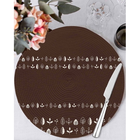 15 Inch Round Placemats Set of 4, Rustic Botanical Non Slip Heat Insulation PP Table Mats, Japanese Herb on Brown Simple Art Washable Place Mats for Kitchen Dining Party Table Decor