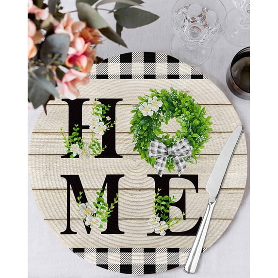 15 Inch Round Placemats Set of 4, Rustic Home Non Slip Heat Insulation PP Table Mats, Eucalyptus Leaves Floral Wooden Buffalo Plaid Washable Place Mats for Kitchen Dining Party Table Decor