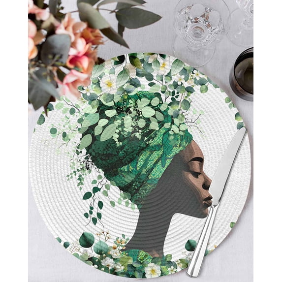 15 Inch Round Placemats Set of 4, Sage Green Black Women Non Slip Heat Insulation PP Table Mats, Spring Eucalyptus Leaves Washable Place Mats for Kitchen Dining Party Table Decor