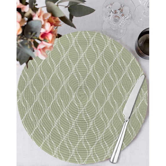 15 Inch Round Placemats Set of 4, Sage Green Stripes Non Slip Heat Insulation PP Table Mats, Simple Geometric Modern Monochrome Washable Place Mats for Kitchen Dining Party Table Decor