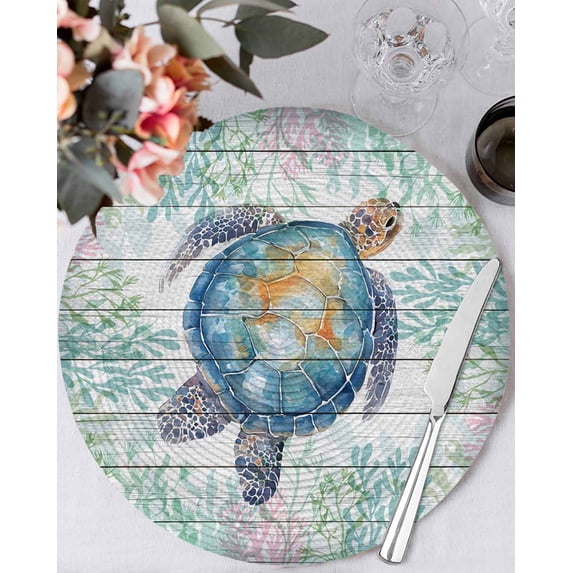 15 Inch Round Placemats Set of 4, Sea Turtle Coastal Non Slip Heat Insulation PP Table Mats, Blue Green Summer Beach Coral Wooden Washable Place Mats for Kitchen Dining Party Table Decor