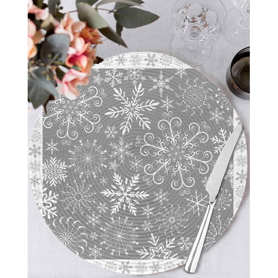 15 Inch Round Placemats Set of 4, Snowflakes Christmas Non Slip Heat Insulation PP Table Mats, Grey Xmas Winter Vintage Washable Place Mats for Kitchen Dining Party Table Decor
