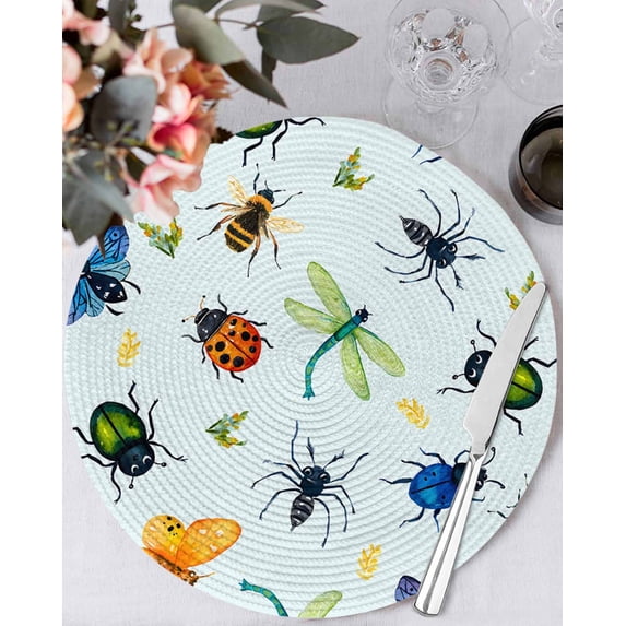 15 Inch Round Placemats Set of 4, Spring Butterfly Dragonfly Non Slip Heat Insulation PP Table Mats, Rustic Botanical Floral Teal Green Washable Place Mats for Kitchen Dining Party Table Decor